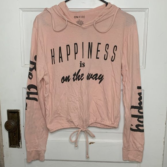 Happiness is On the Way Be Happy Hooded Light Pink Crop Top Size L - Picture 3 of 6